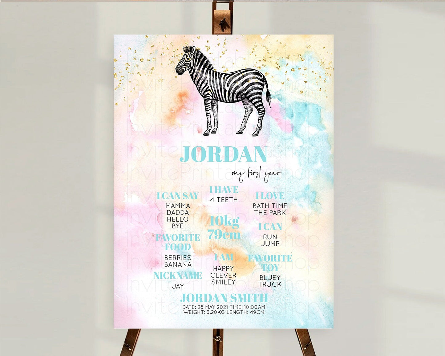 Pastel Zebra First Birthday Milestone Board Zebra Milestone Poster Colorful Rainbow Pastel Watercolor 1st Birthday Welcome Sign D10281