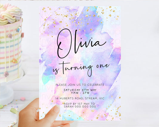 Pastel Birthday Invitation Ombre Watercolor Birthday Invitation Glitter Rainbow Color Splash 1st 2nd 3rd Birthday Invitation D23068