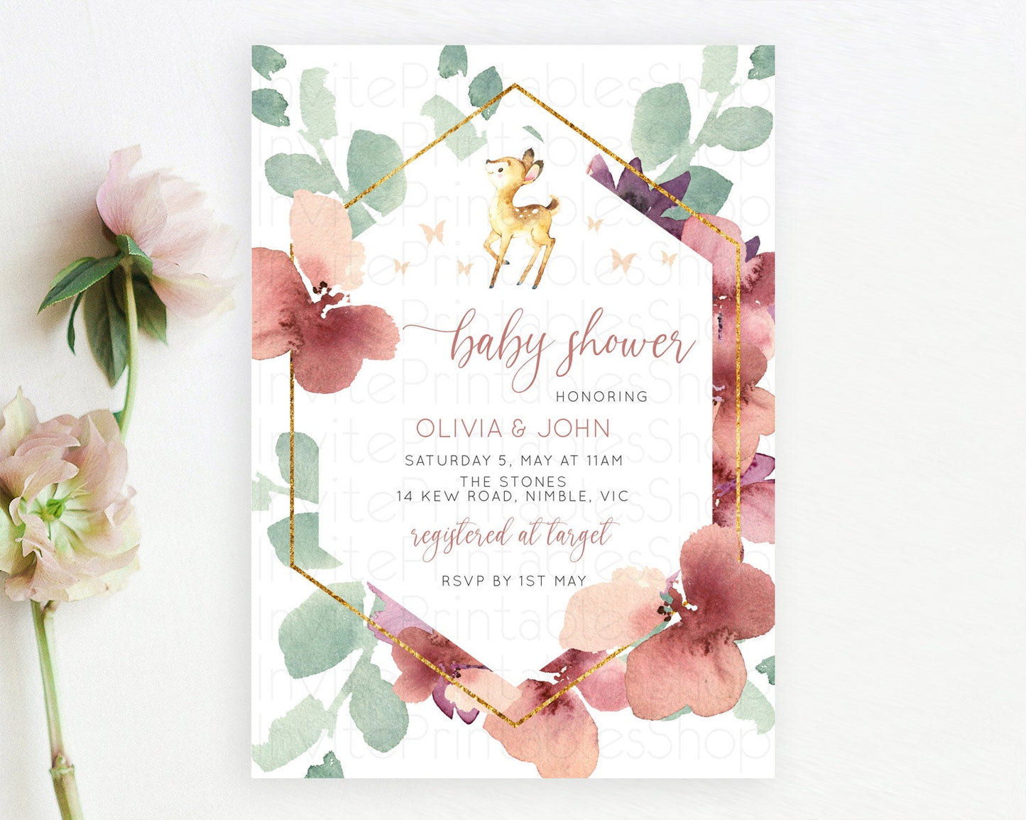 Enchanted Forest Baby Shower Invitation: Burgundy Pastel Flowers, Fawn, Deer, Butterfly, Floral Ideal for Whimsical Fall Celebration D10915