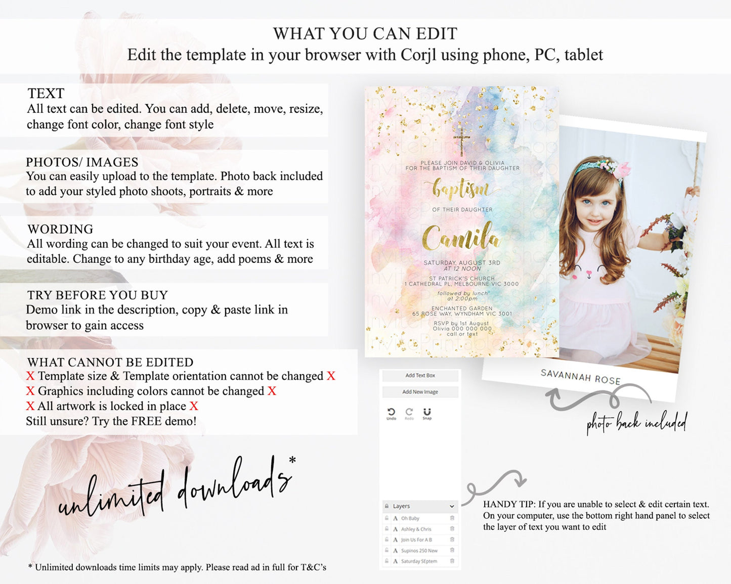 Pastel Baptism Invitation Pastel Colors Watercolor Baptism 1st Birthday Party Gold Ombre Pastel Rainbow Christening Holy Communion D10265