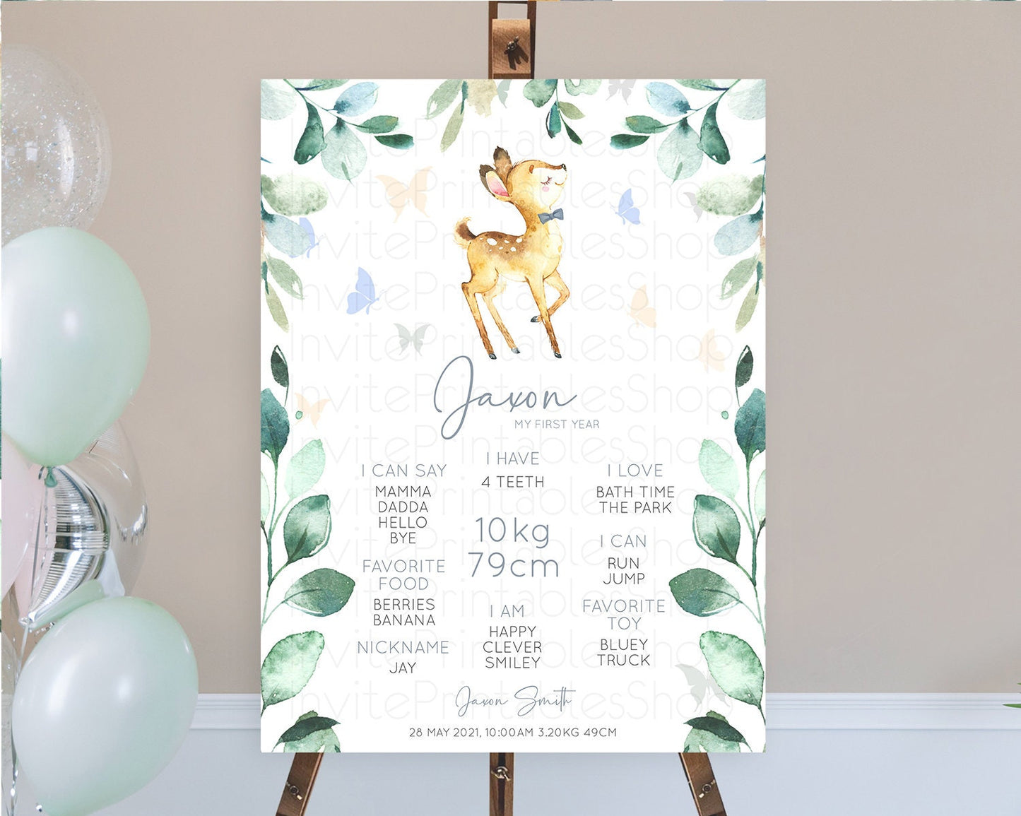 Fawn First Birthday Milestone Board Deer First Birthday Milestone Poster Enchanted Forest Butterfly Pastel Flowers 1st Birthday Sign D10767