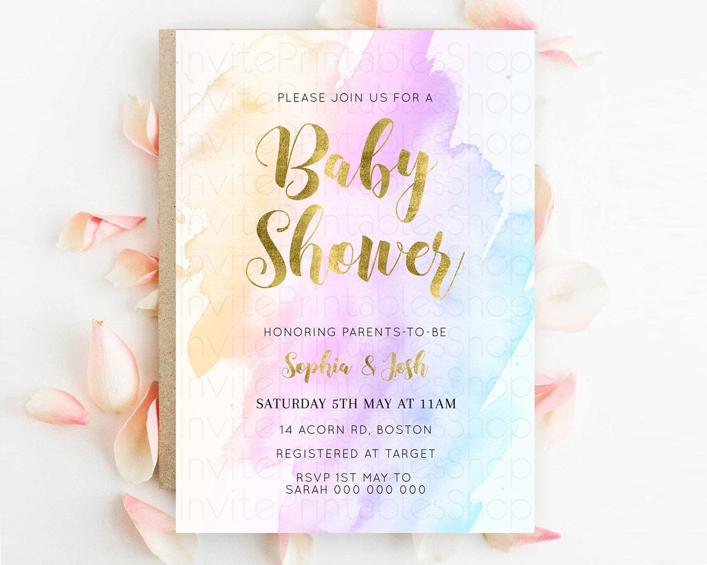 Pastel Baby Shower Invitation Rainbow Baby Shower Invitation Colorful Pastel Watercolor Invitation Gold Glitter Sprinkles Ombre D11027