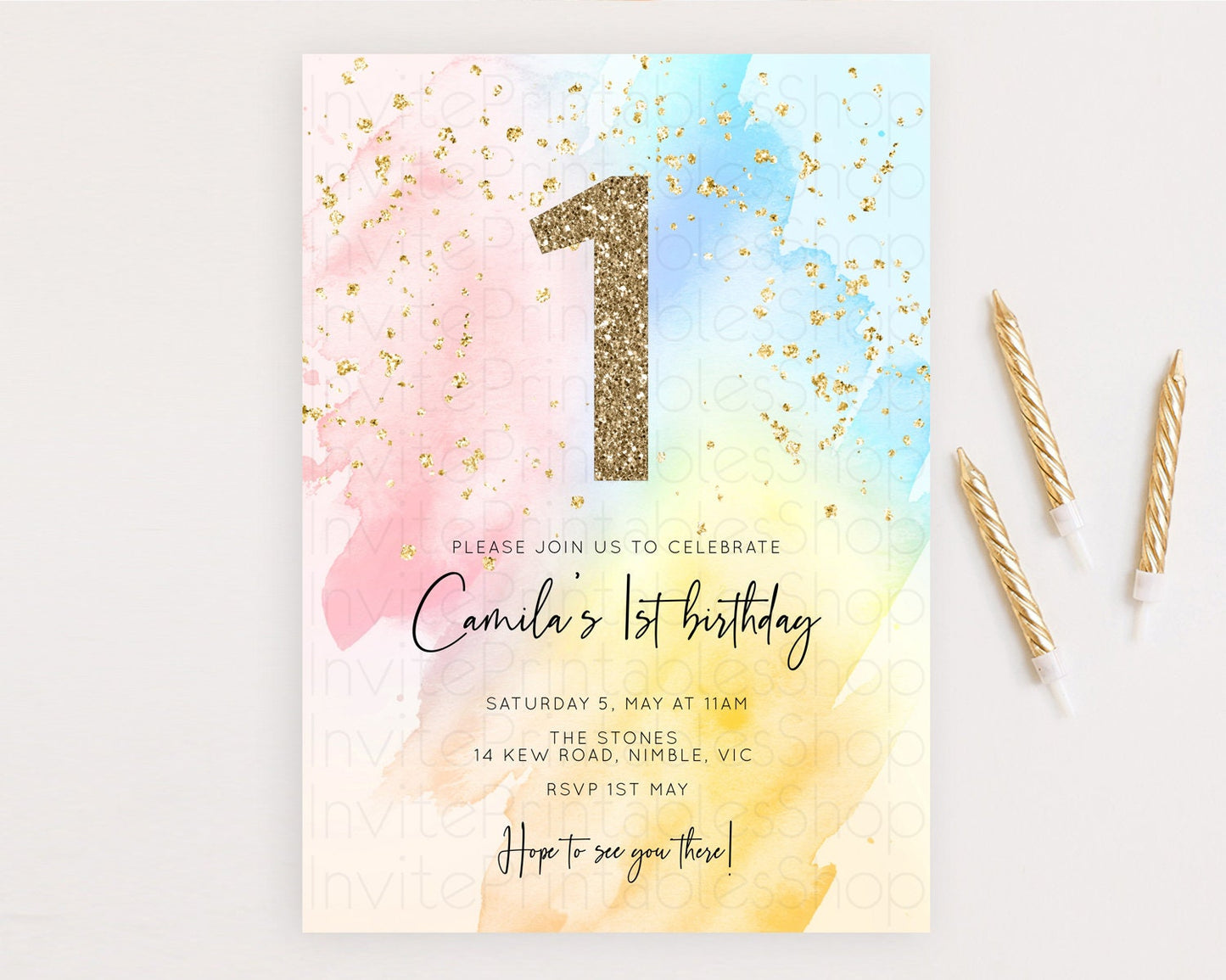 Rainbow Birthday Invitation Colorful Pastel Watercolor Invitation Gold Glitter Sprinkles Ombre Pastel 1st 2nd 3rd Birthday D10557