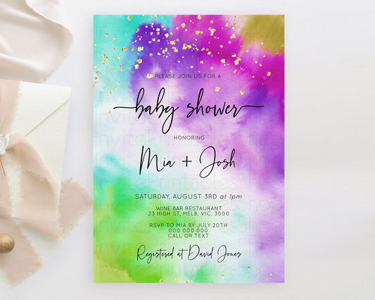 Pastel Baby Shower Invitation Rainbow Baby Shower Invitation Colorful Pastel Watercolor Invitation Gold Glitter Sprinkles Ombre D10536