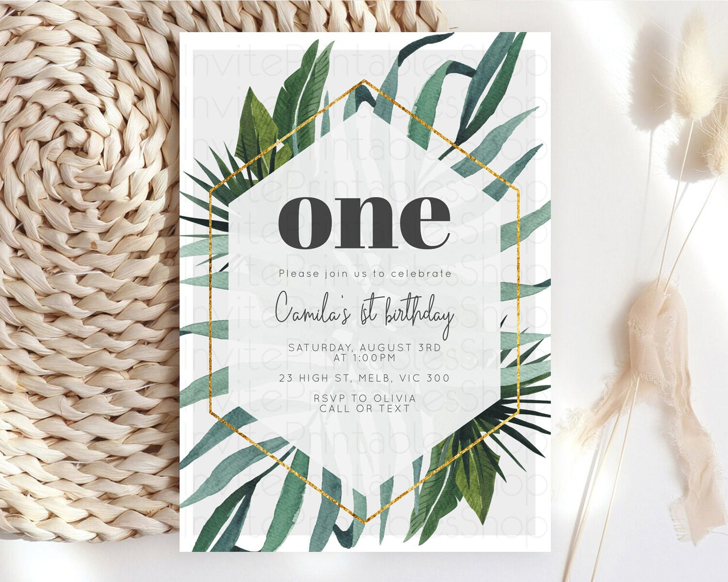 Tropical Invitation Tropical Birthday Invitation Tropical Floral Invitation Palm Leaf Fern Invite Frangipani White Orchid Invitation D11045