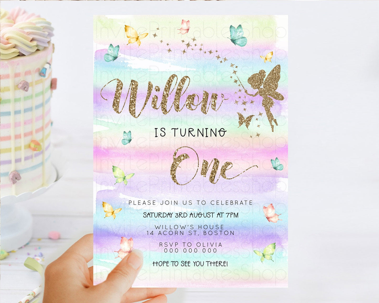 Pastel Fairy Birthday Invitation Pastel Butterflies Fairy Birthday Invitation Rainbow Ombre Watercolor 1st 2nd Birthday Invitation D23310