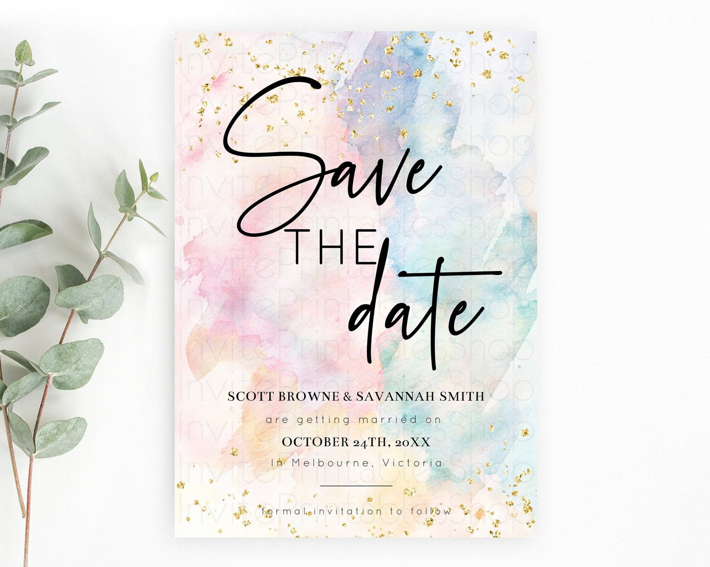Pastel Save The Date Template Pastel Ombre Rainbow Watercolor Colorful Party For Birthday Baptism Baby Shower Wedding Bridal Shower D10276