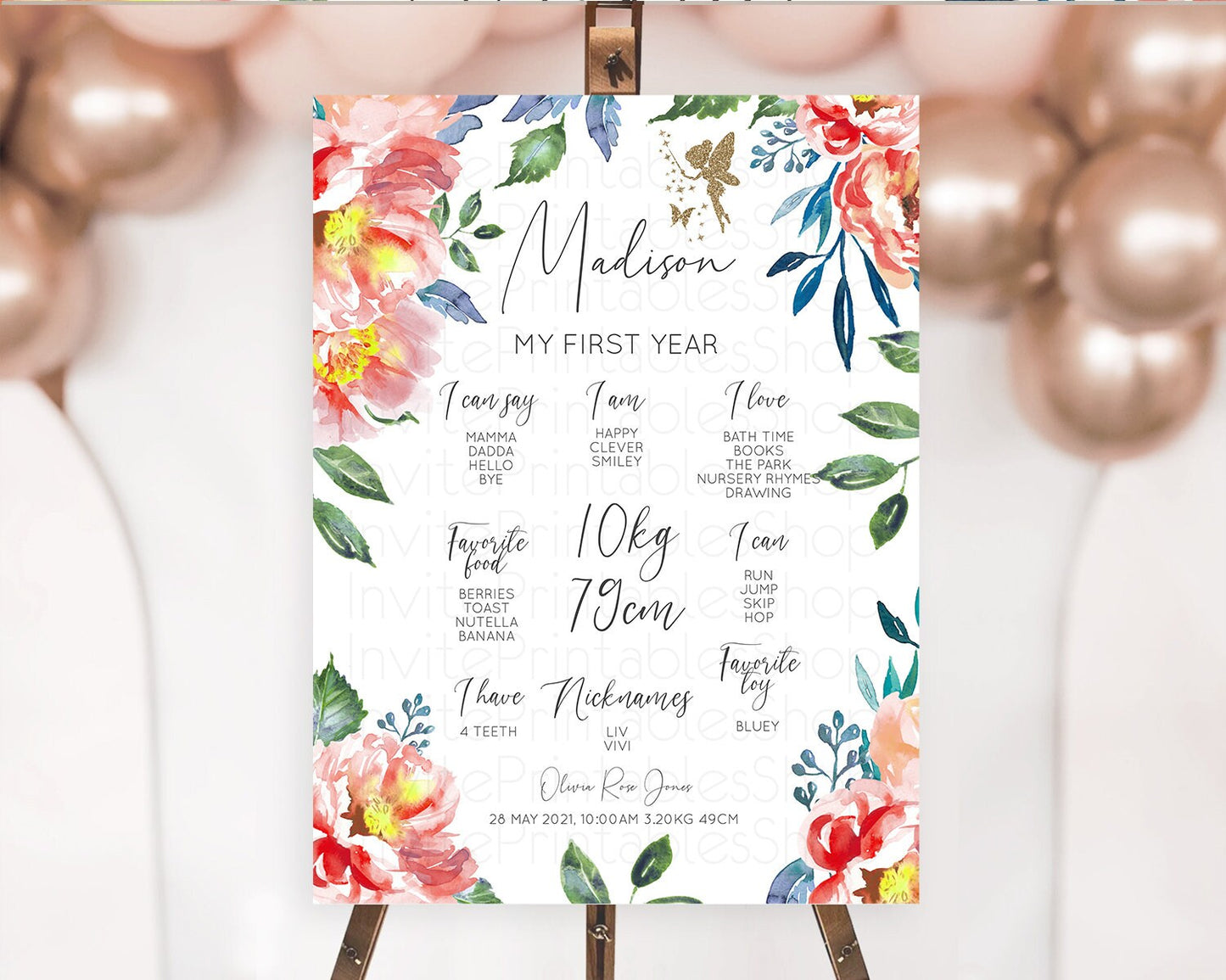 Fairy First Birthday Milestone Poster Fairy Secret Garden Milestone Board Enchanted Garden Pastel Floral Butterfly 1st Birthday Sign D10752