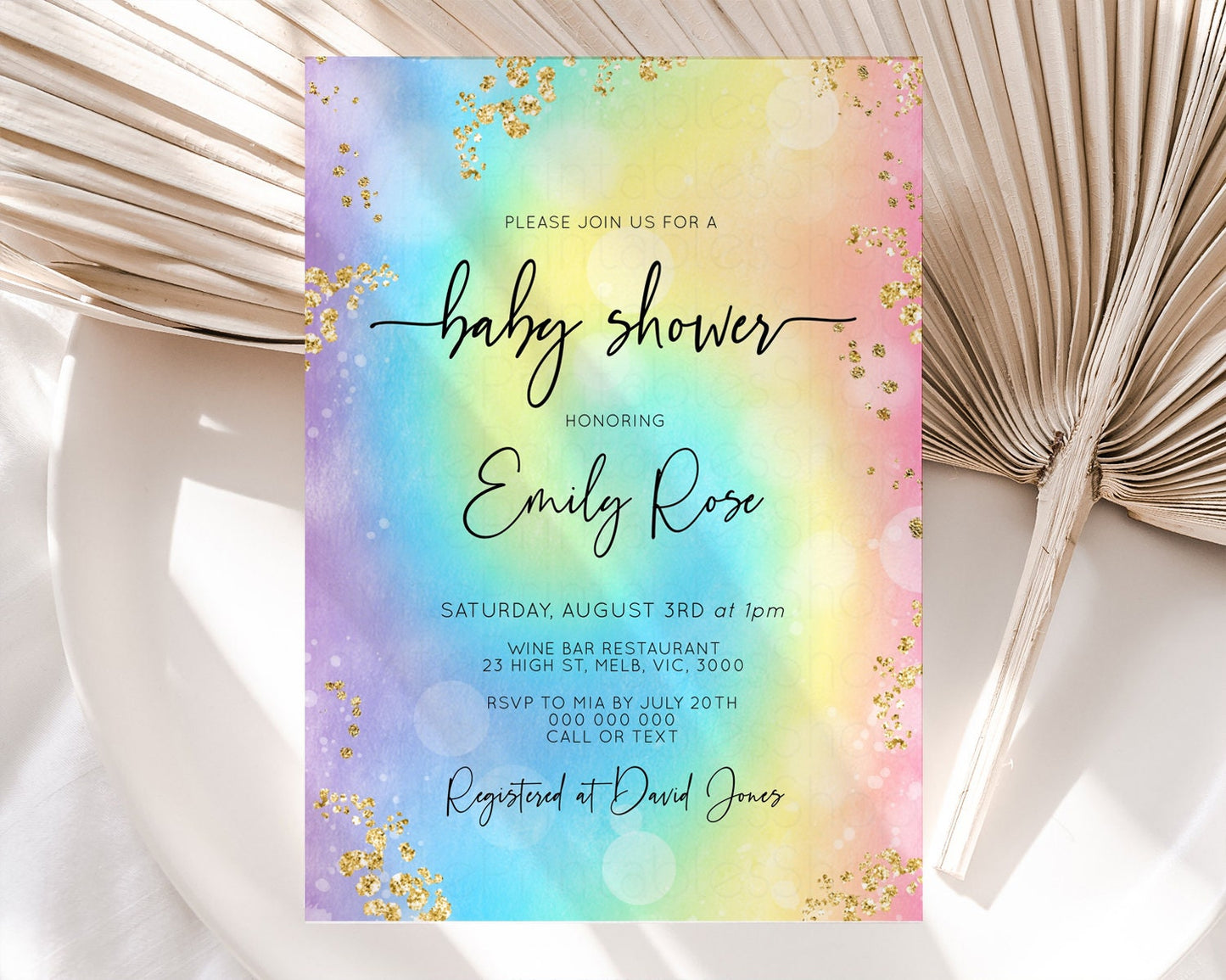 Rainbow Baby Shower Invitation Watercolor Pastel Invitation Colorful Splash Baby Invite Gold Glitter Sprinkles Ombre Gender Reveal t571