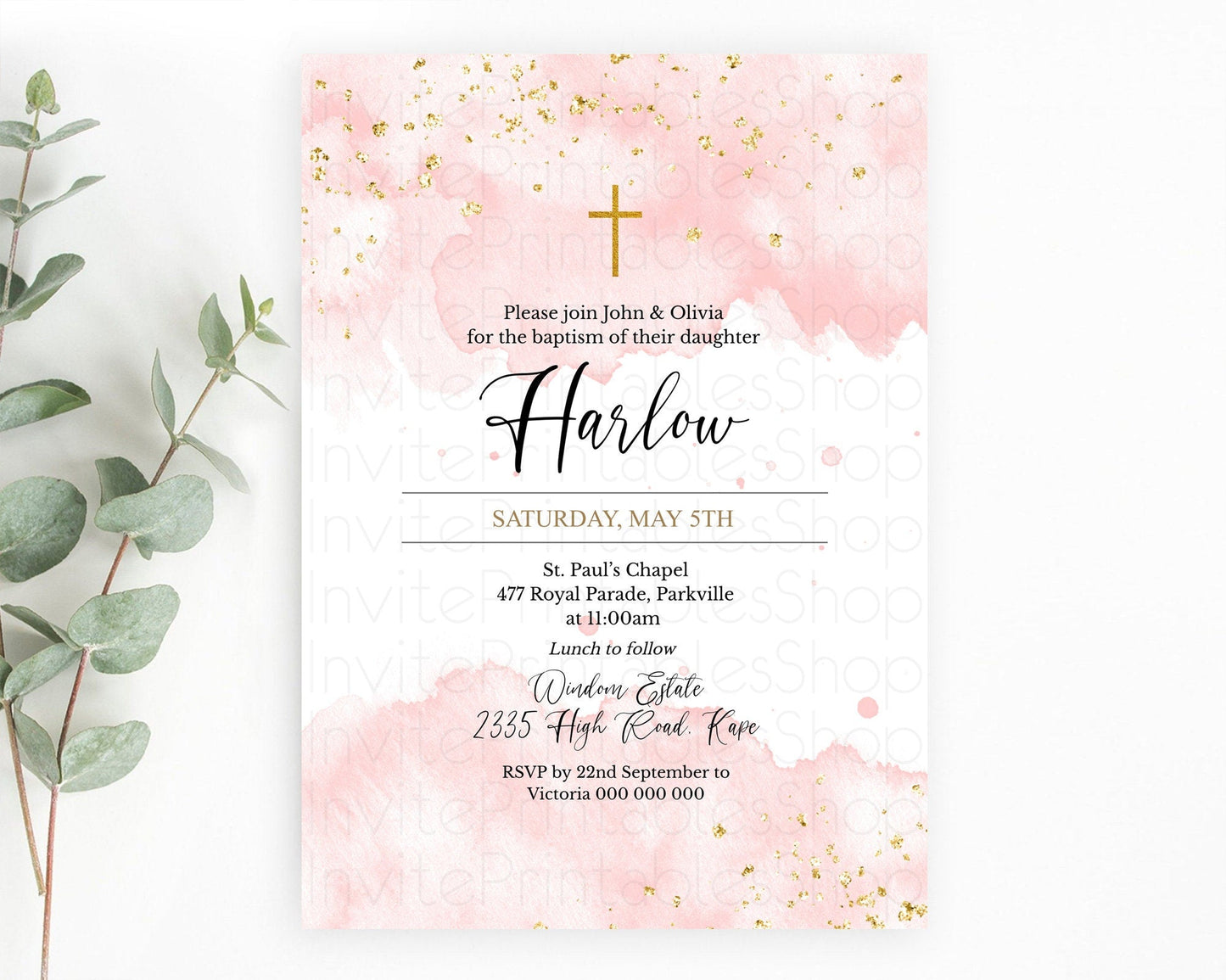 Pink Baptism Invitation Pink Watercolor Baptism 1st Birthday Invitation Pastel Pink Watercolor Christening Invite Pink Splash D10328