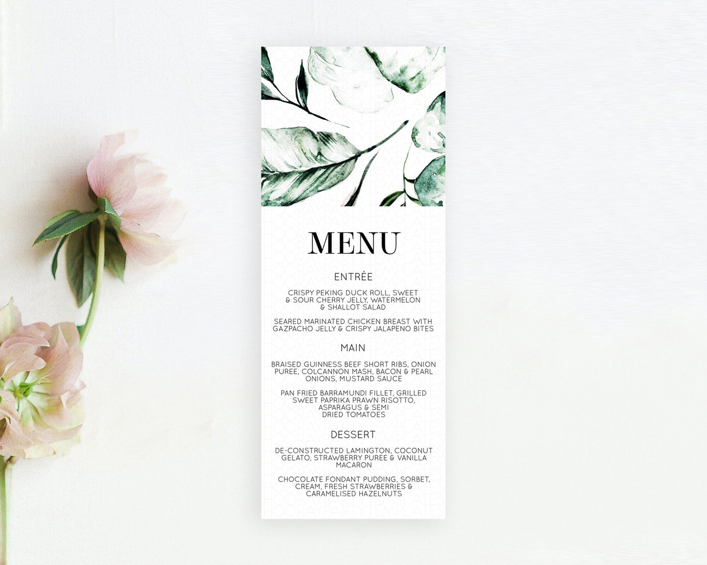 Tropical Menu Template Tropical Menu Palm Leaf Fern Table Decor Frangipani Floral White Orchid Dinner Dessert Menu Party Food Menu D11063