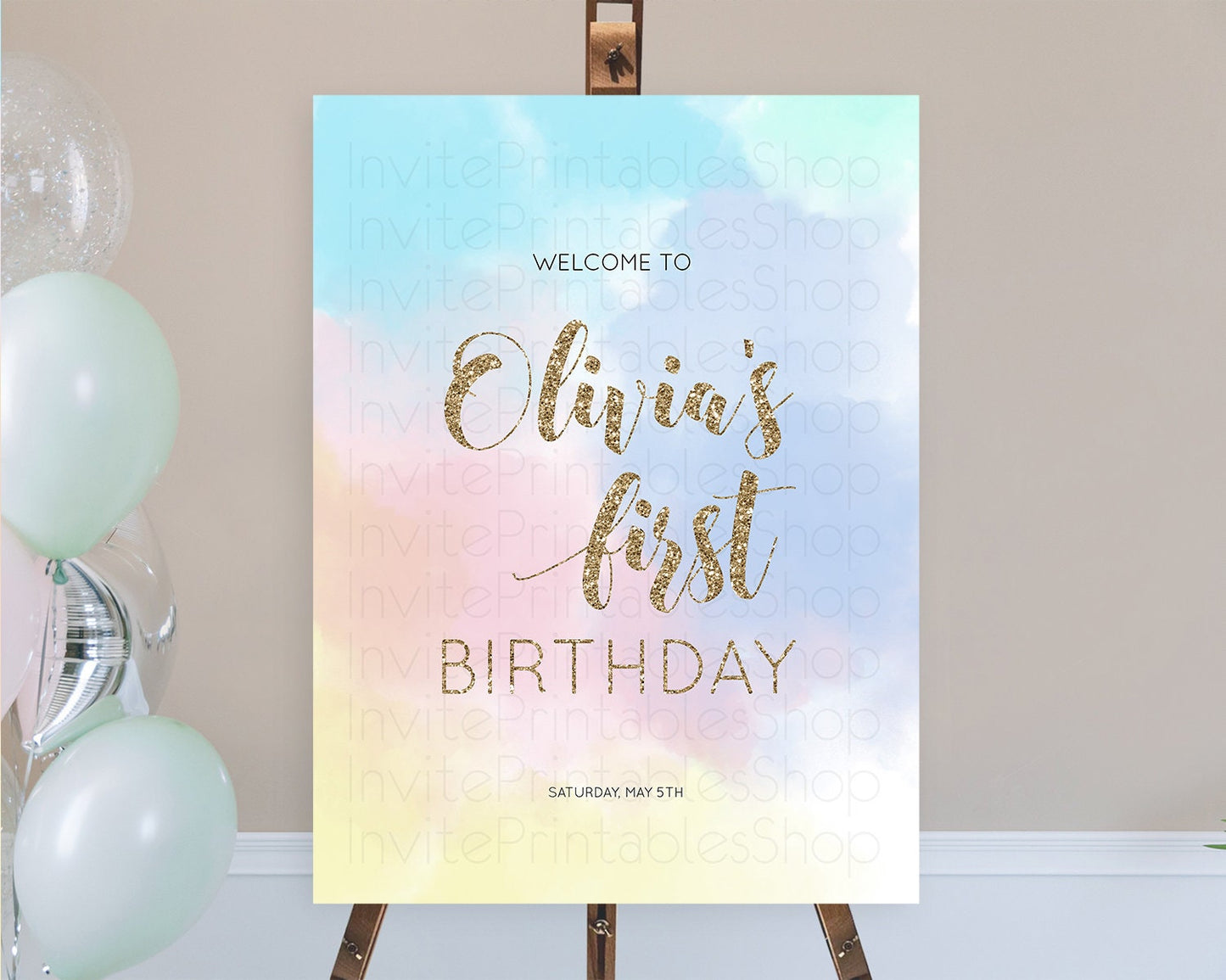 Pastel Welcome Sign Pastel Rainbow Welcome Sign Colorful Rainbow Confetti Watercolor Glitter Pastel First Birthday Welcome Sign D10378