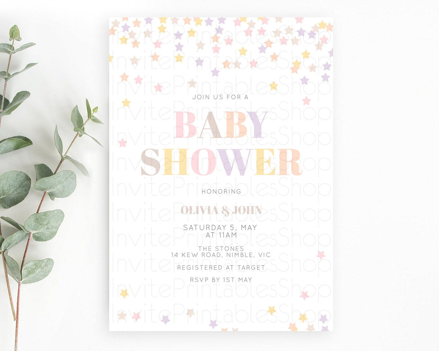 Twinkle Star Baby Shower Invitation, Pastel Colorful Sprinkles, Rainbow Confetti Stars - Purple, Yellow Orange Theme Gender Reveal D10810