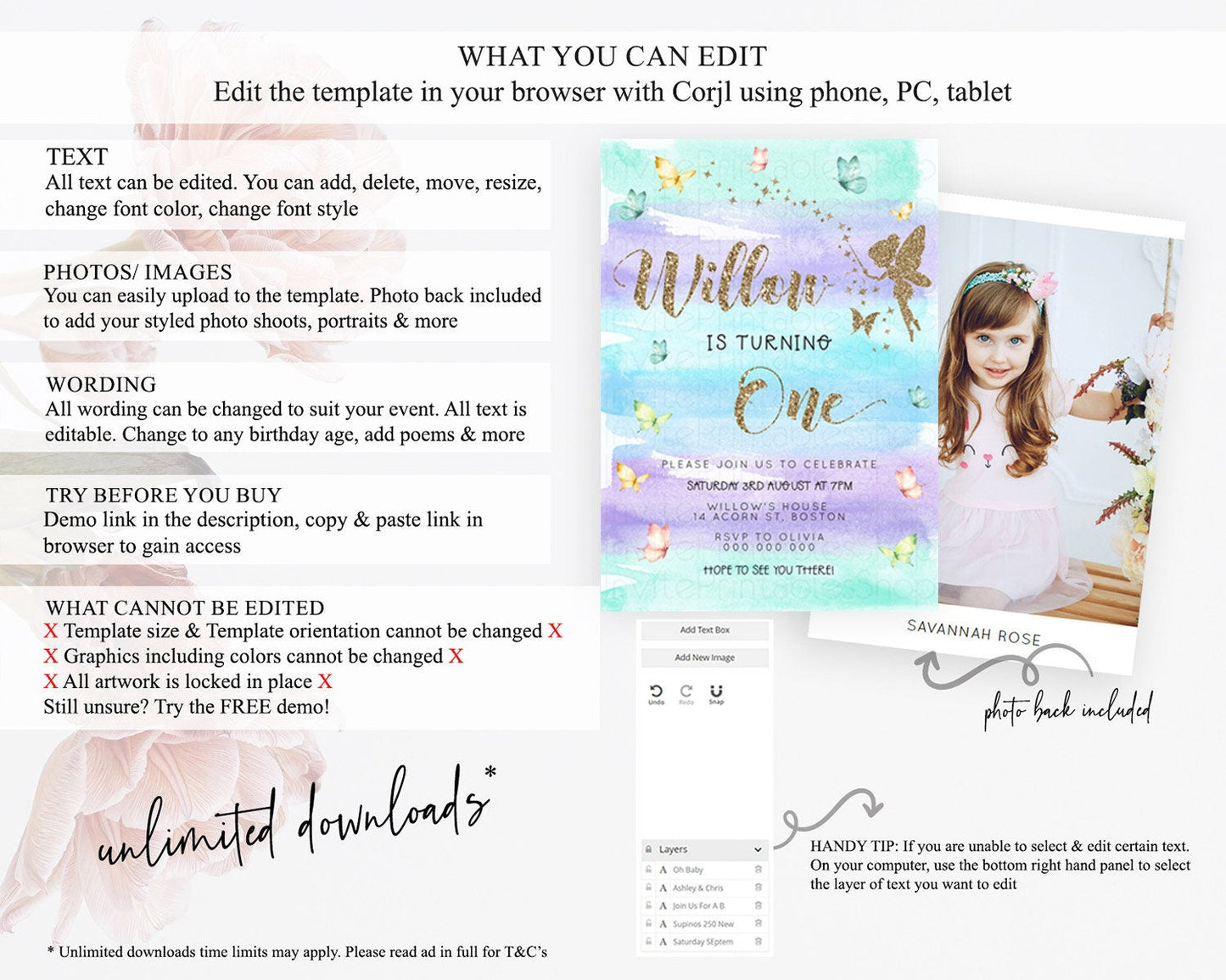 Pastel Fairy Birthday Invitation Pastel Butterflies Fairy Birthday Invitation Rainbow Ombre Watercolor 1st 2nd Birthday Invitation D23317