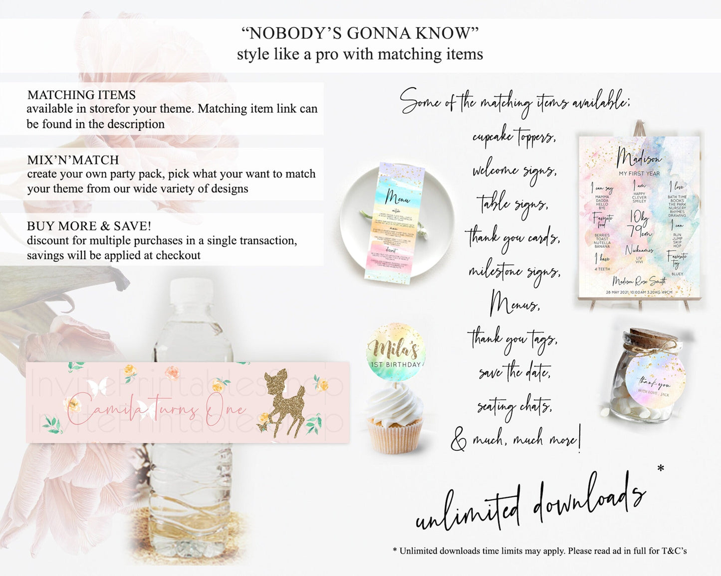 Fawn Deer Water Label Template Pastel Floral Deer Enchanted Forest Butterfly Party Decor Birthday Baptism Baby Shower Bridal Shower D10386