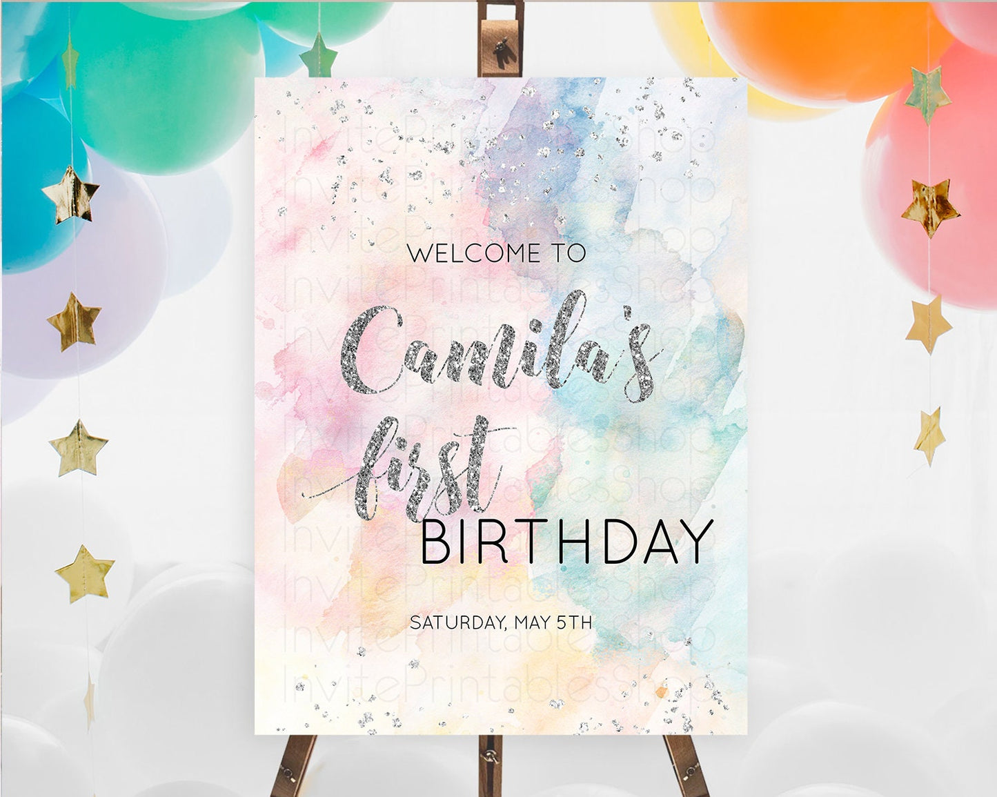 Pastel Rainbow Welcome Sign Pastel Welcome Board Pastel Colorful Party Poster Confetti Watercolor Silver First Birthday Welcome Sign D10944