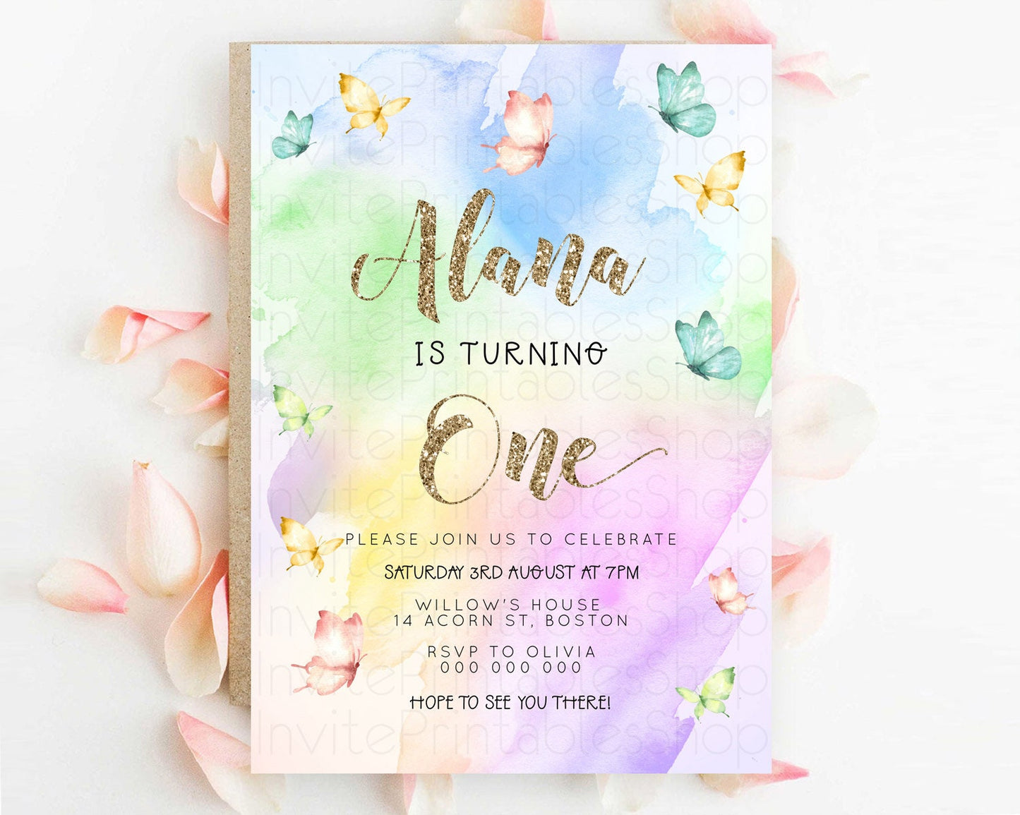 Pastel Butterfly Birthday Invitation Butterfly Birthday Invitation Colorful Splash Glitter Butterfly Garden 1st 2nd Birthday D23257