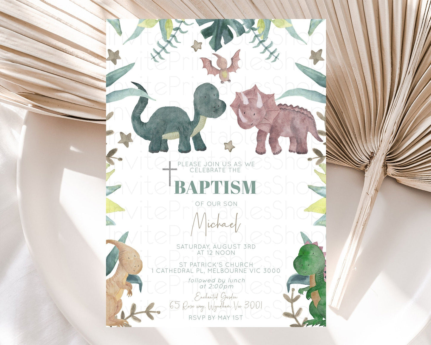 Dinosaur Baptism Invitation Dinosaur Volcano Baptism 1st Birthday Invitation Watercolor T-Rex Raptor Jurassic Christening Invitation D10597