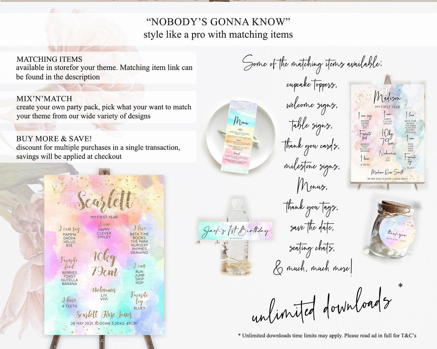 Pastel First Birthday Milestone Board Pastel Rainbow Milestone Poster Colorful Confetti Watercolor Glitter 1st Birthday Welcome Sign D10669