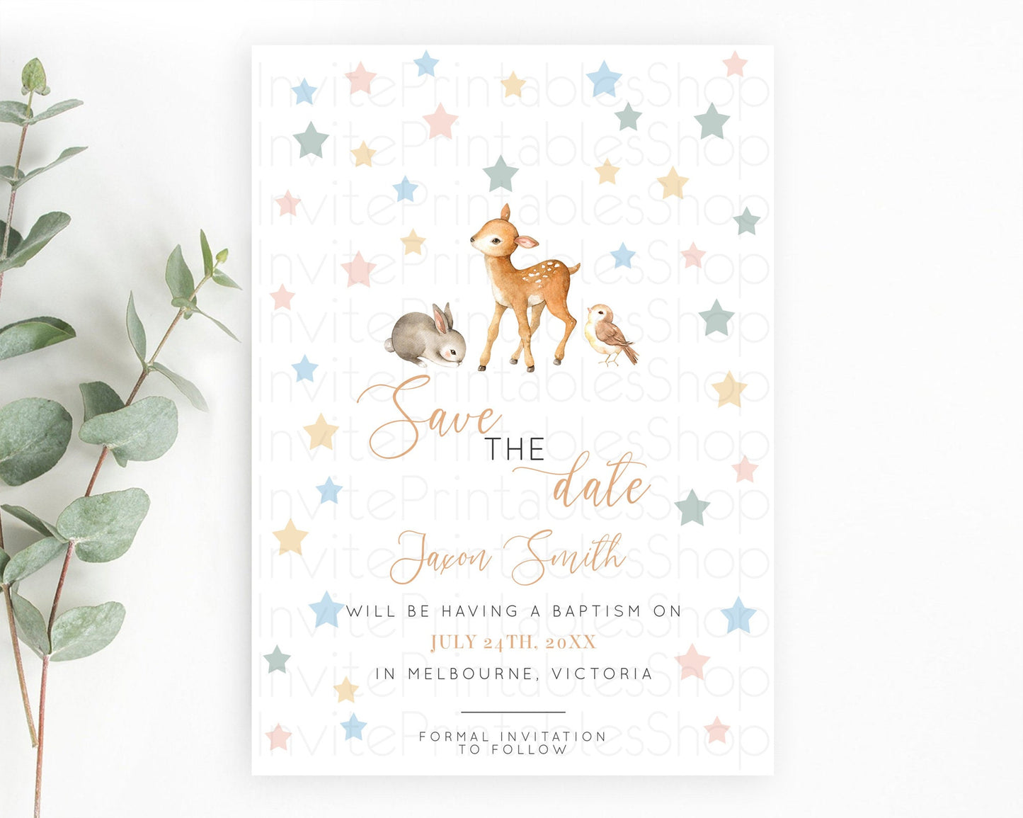 Fawn Deer Save The Date Template Pastel Floral Deer Enchanted Forest Butterfly Party 1st Birthday Baptism Baby Shower Bridal Shower D10918