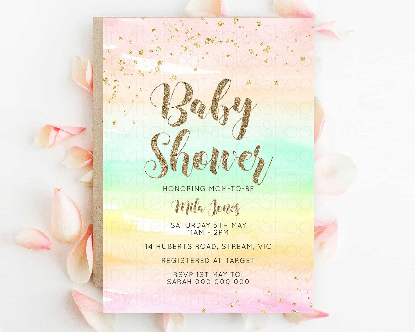 Pastel Baby Shower Invitation Rainbow Baby Shower Invitation Colorful Pastel Watercolor Invitation Gold Glitter Sprinkles Ombre D10592