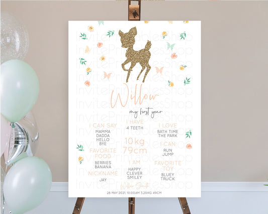 Fawn First Birthday Milestone Board Deer First Birthday Milestone Poster Enchanted Forest Butterfly Pastel Flowers 1st Birthday Sign D10355