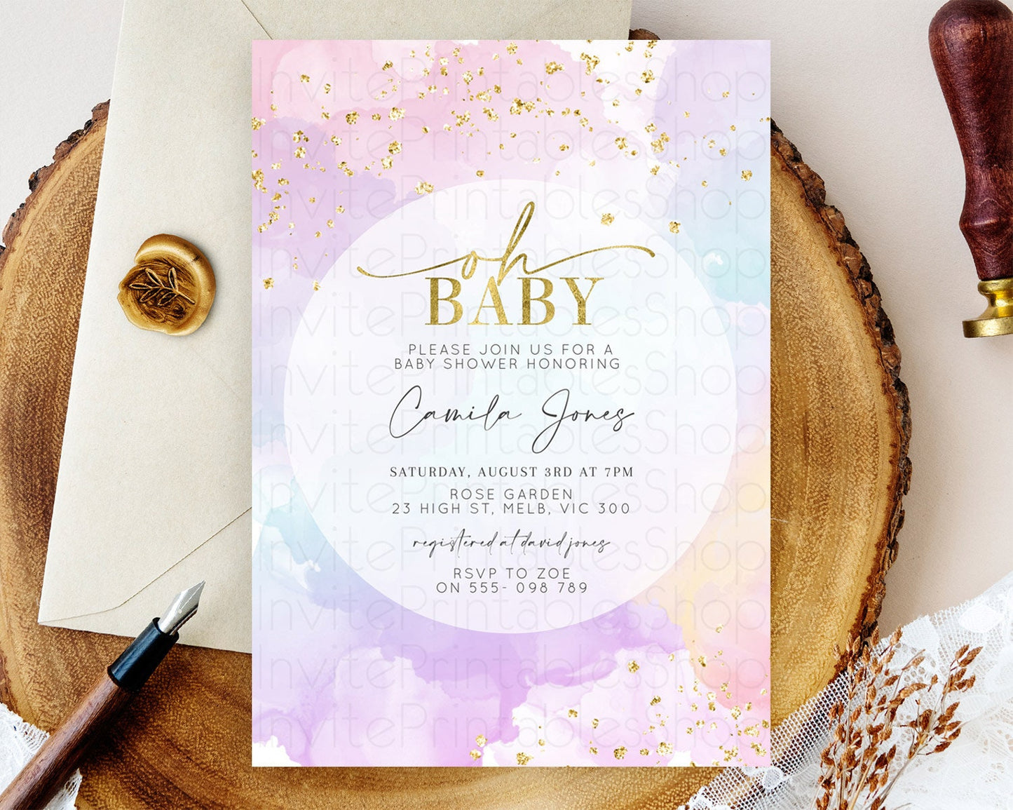 Pastel Baby Shower Invitation Rainbow Baby Shower Invitation Colorful Pastel Watercolor Invitation Gold Glitter Sprinkles Ombre D10623