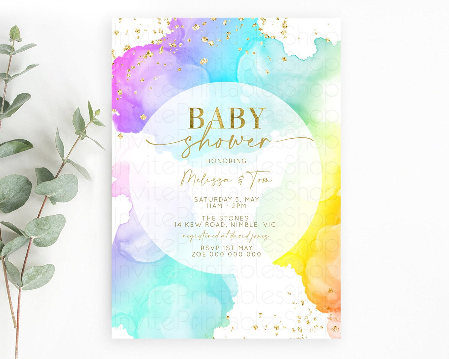 Pastel Baby Shower Invitation Rainbow Baby Shower Invitation Colorful Pastel Watercolor Invitation Gold Glitter Sprinkles Ombre D10213