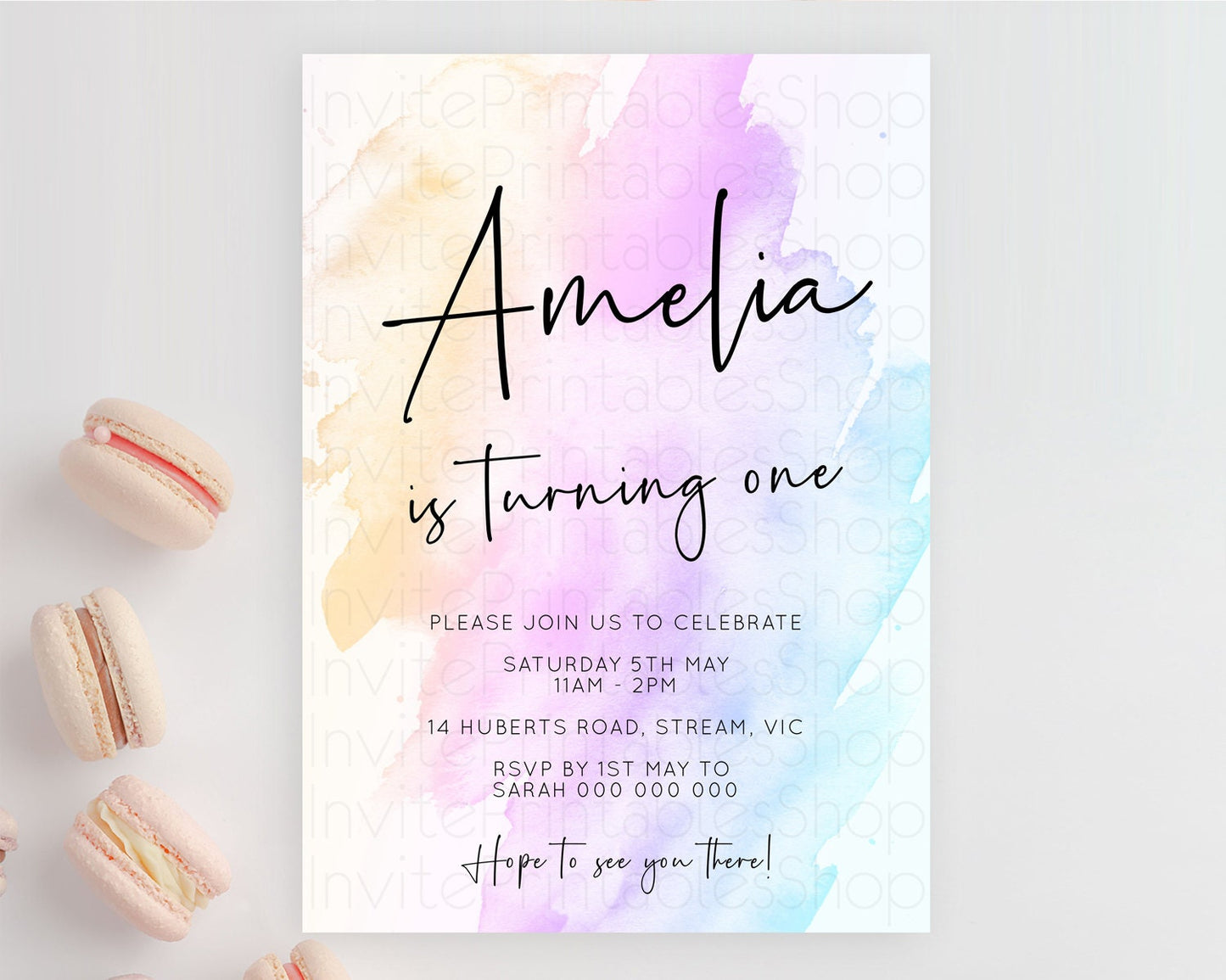 Rainbow Birthday Invitation Colorful Pastel Watercolor Invitation Gold Glitter Sprinkles Ombre Pastel 1st 2nd 3rd Birthday D10177