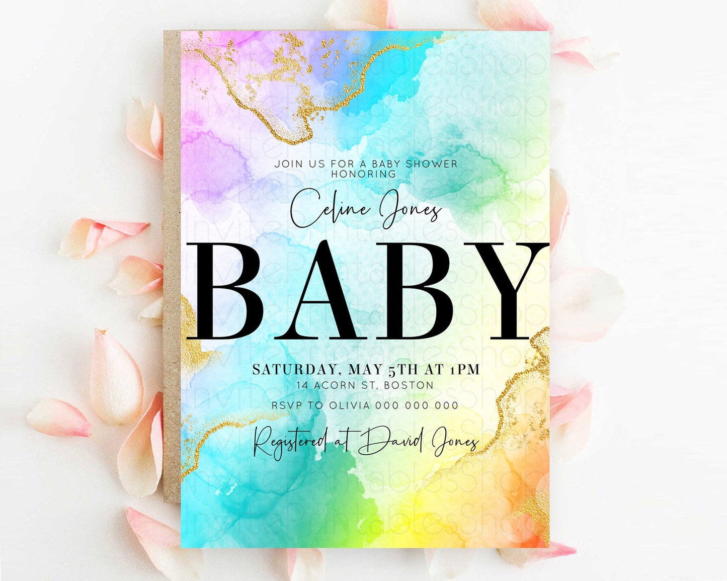 Pastel Baby Shower Invitation Rainbow Baby Shower Invitation Colorful Pastel Watercolor Invitation Gold Glitter Sprinkles Ombre D10393