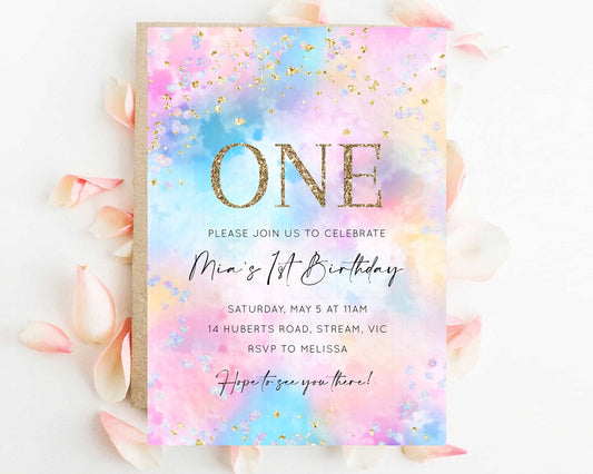 Rainbow Birthday Invitation Pastel Birthday Invitation Ombre Rainbow Invite Colorful Watercolor Invite Glitter Cloud Sprinkle Invite 589v4