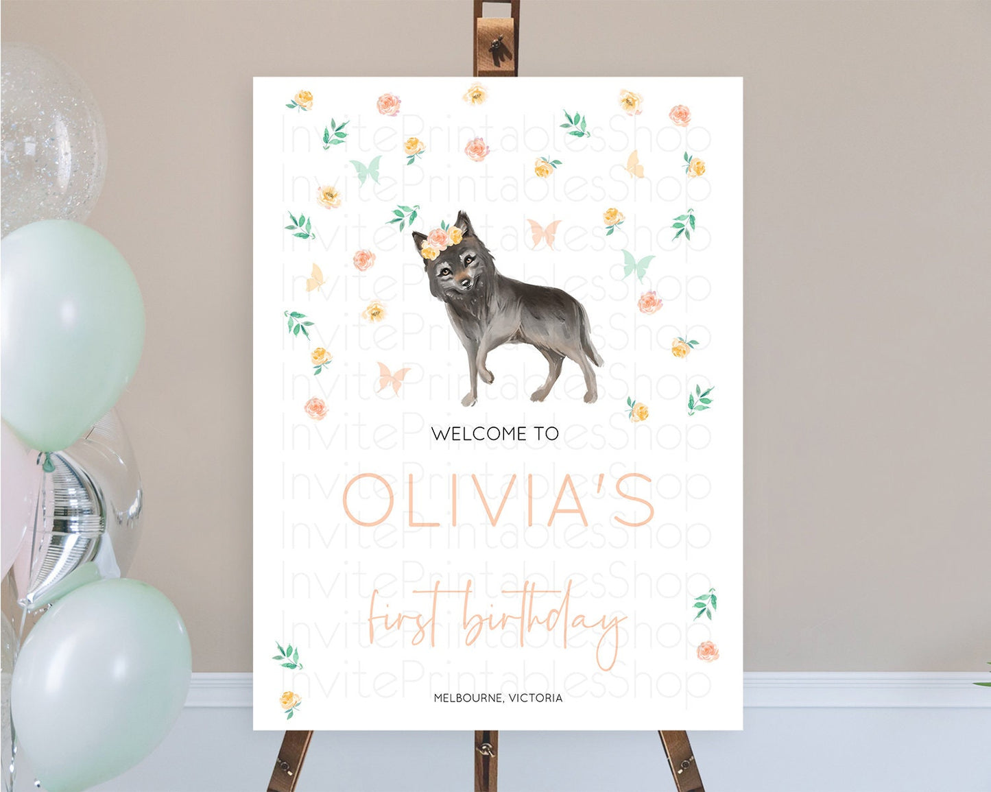 Wolf Welcome Sign Wolf Welcome Board Pastel Floral Wolf Welcome Poster Forest Wolf Party Decor Wolf First Birthday Welcome Sign D10362