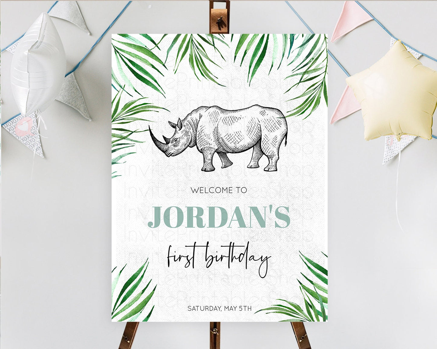 Rhino Welcome Sign Rhino Welcome Board Rhino Welcome Poster Dried Palm Fern Safari Party Decor Rhino First Birthday Welcome Sign D10848