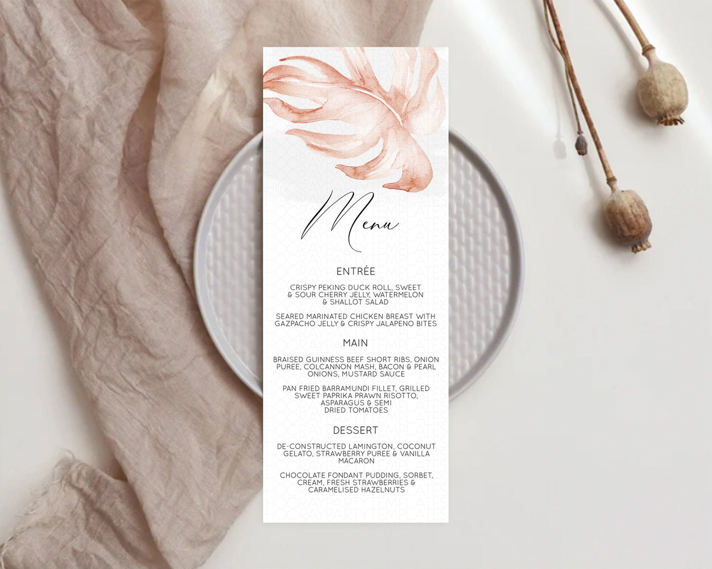 Tropical Menu Template Tropical Menu Palm Leaf Fern Table Decor Frangipani Floral White Orchid Dinner Dessert Menu Party Food Menu D11044