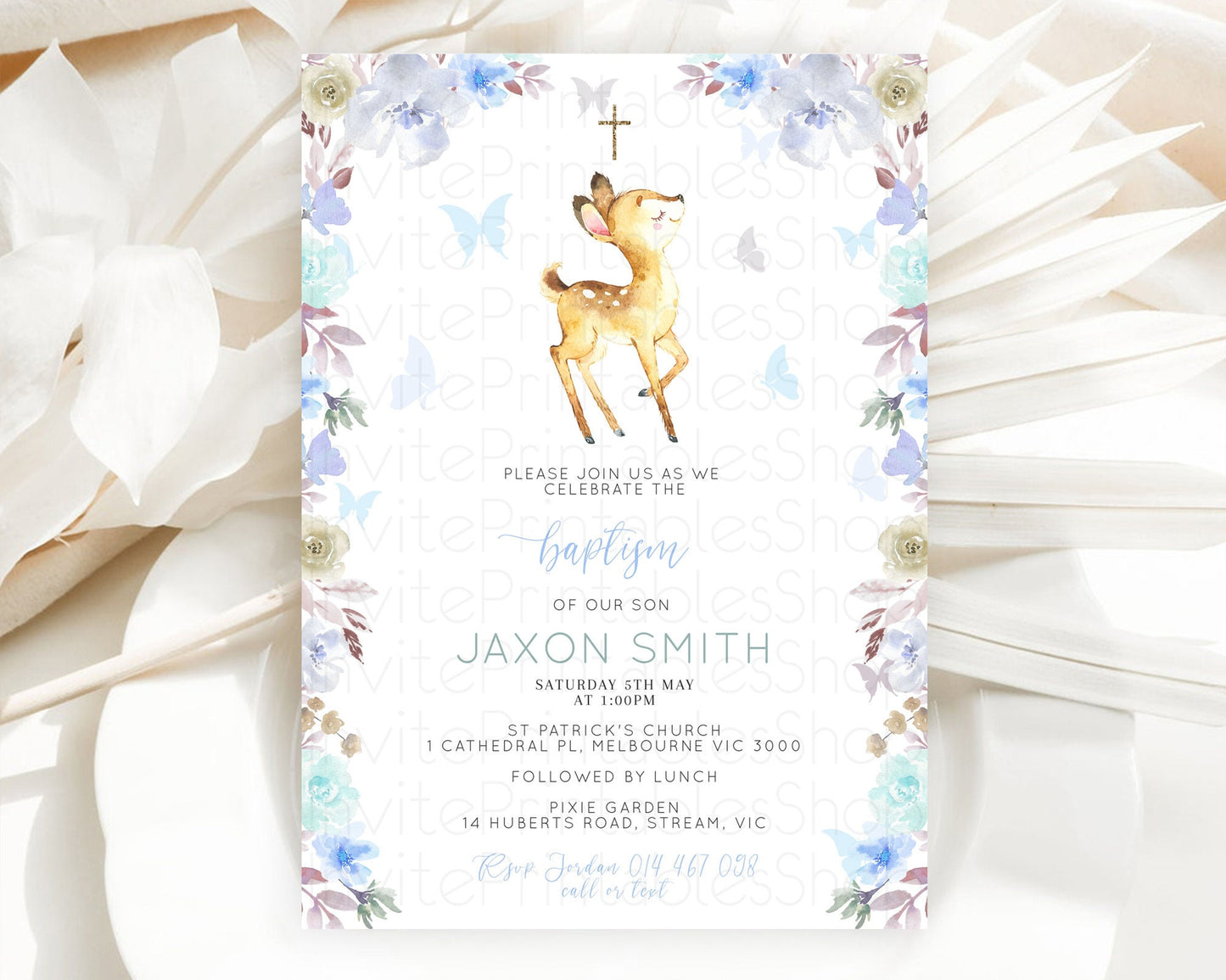 Editable Fawn Baptism Invitation Deer Baptism 1st Birthday Invitation Enchan