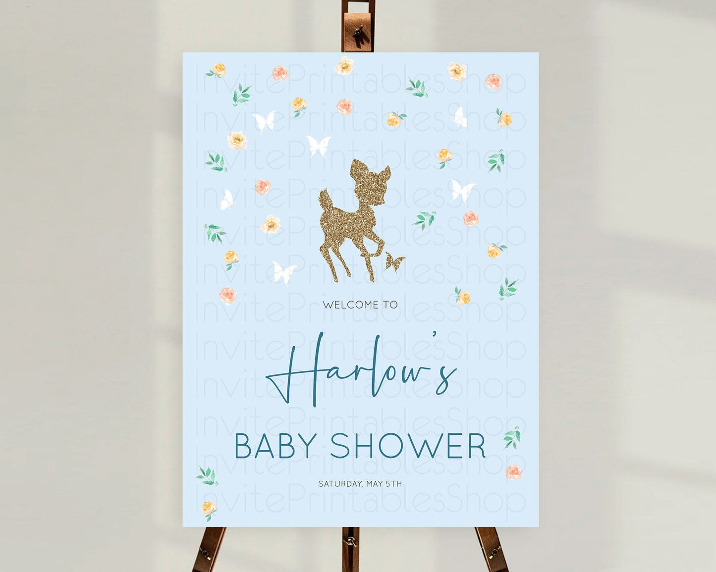 Fawn Baby Shower Welcome Sign Deer Welcome Board Floral Deer Welcome Poster Enchanted Forest Butterfly Pastel Floral Welcome Sign D10902