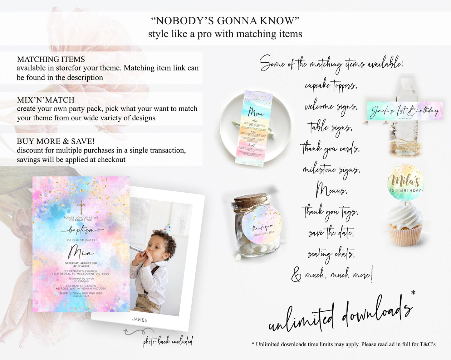 Pastel Baptism Invitation Pastel Colors Watercolor Baptism 1st Birthday Party Gold Ombre Pastel Rainbow Christening Holy Communion D10607