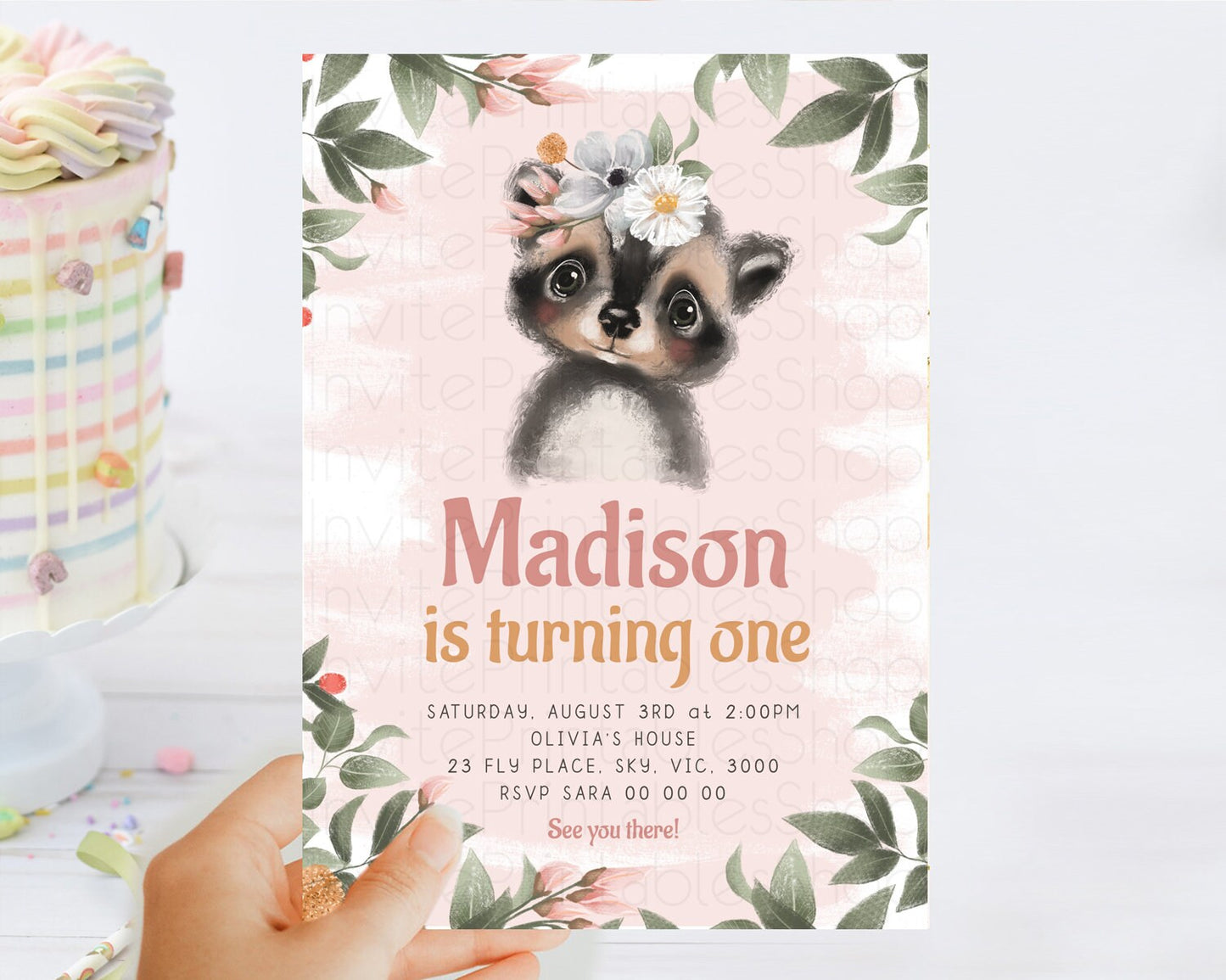 Raccoon Birthday Invitation Raccoon Invite Enchanted Forest Adventure Birthday Woodland Invitation Baby Raccoon 1st First Birthday D10632