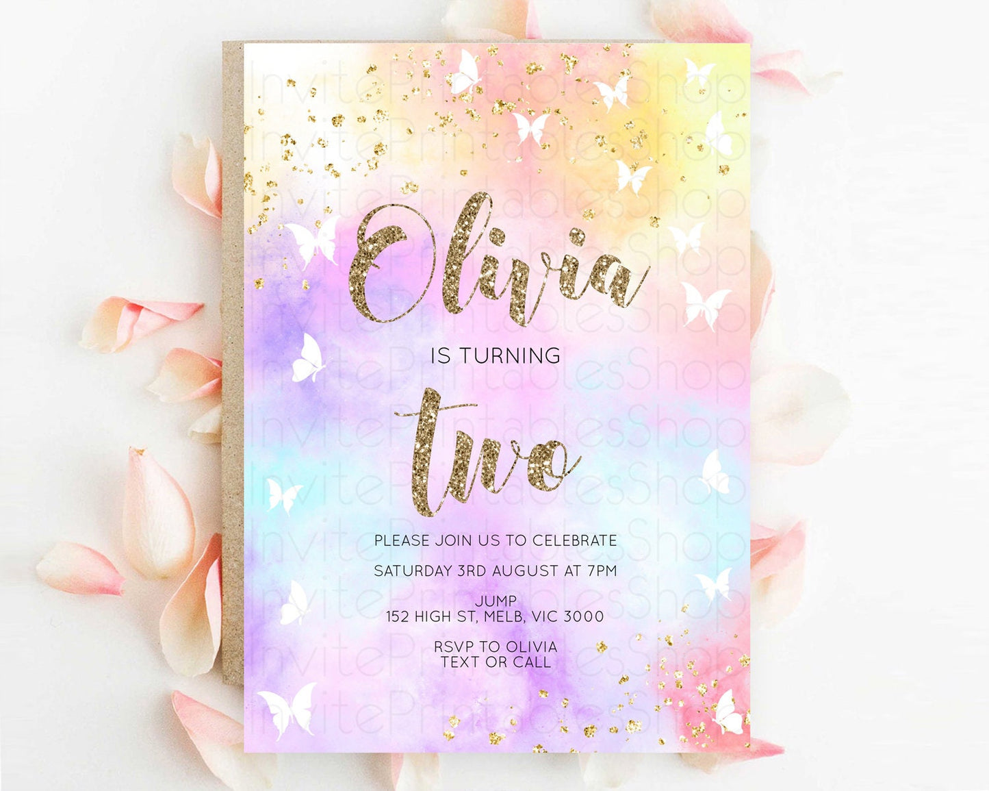Rainbow Birthday Invitation Colorful Pastel Watercolor Invitation Gold Glitter Sprinkles Ombre Pastel 1st 2nd 3rd Birthday D10435