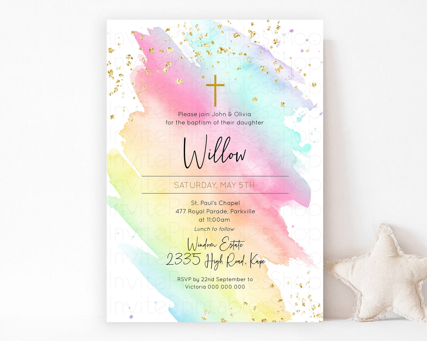 Pastel Baptism Invitation Rainbow Christening Invitation Holy Communion Invite Baptism 1st Birthday Sprinkles Ombre Watercolor Splash
