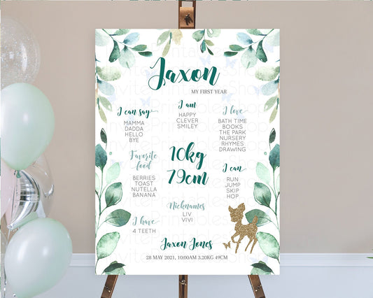 Fawn First Birthday Milestone Board Deer First Birthday Milestone Poster Enchanted Forest Butterfly Pastel Flowers 1st Birthday Sign D10882