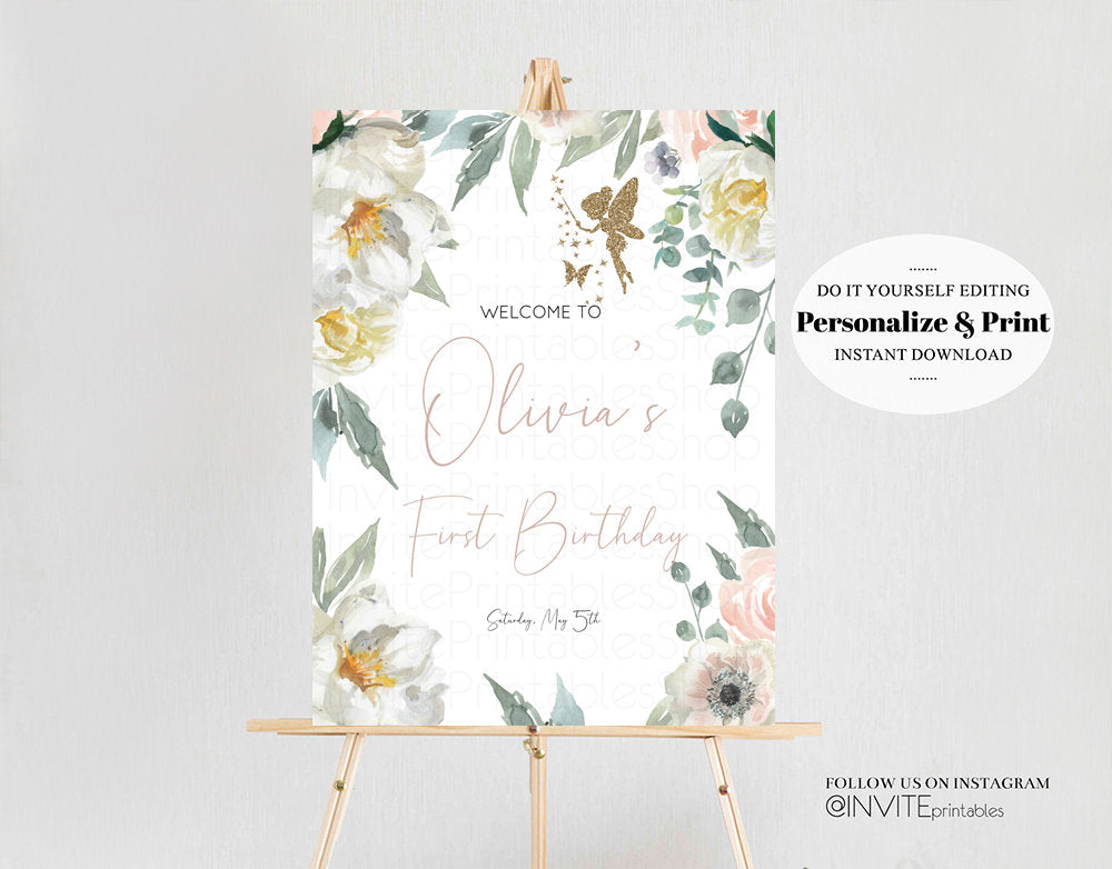 Editable Fairy Floral Birthday Board Pastel Watercolor Welcome Sign Enchante