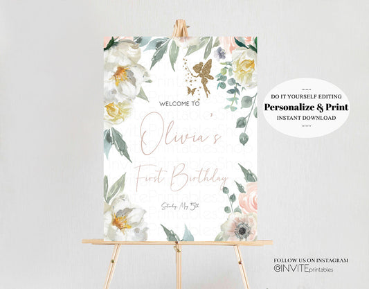 Editable Fairy Floral Birthday Board Pastel Watercolor Welcome Sign Enchante