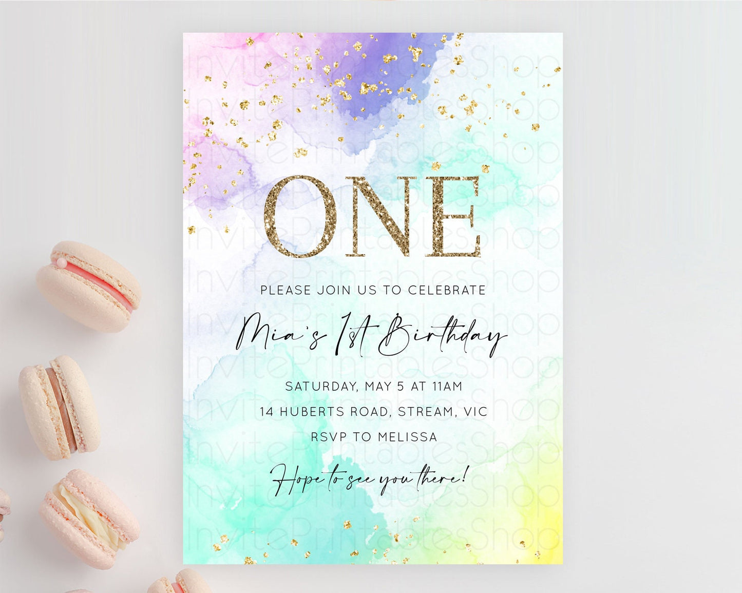 Rainbow Birthday Invitation Colorful Pastel Watercolor Invitation Gold Glitter Sprinkles Ombre Pastel 1st 2nd 3rd Birthday D10157