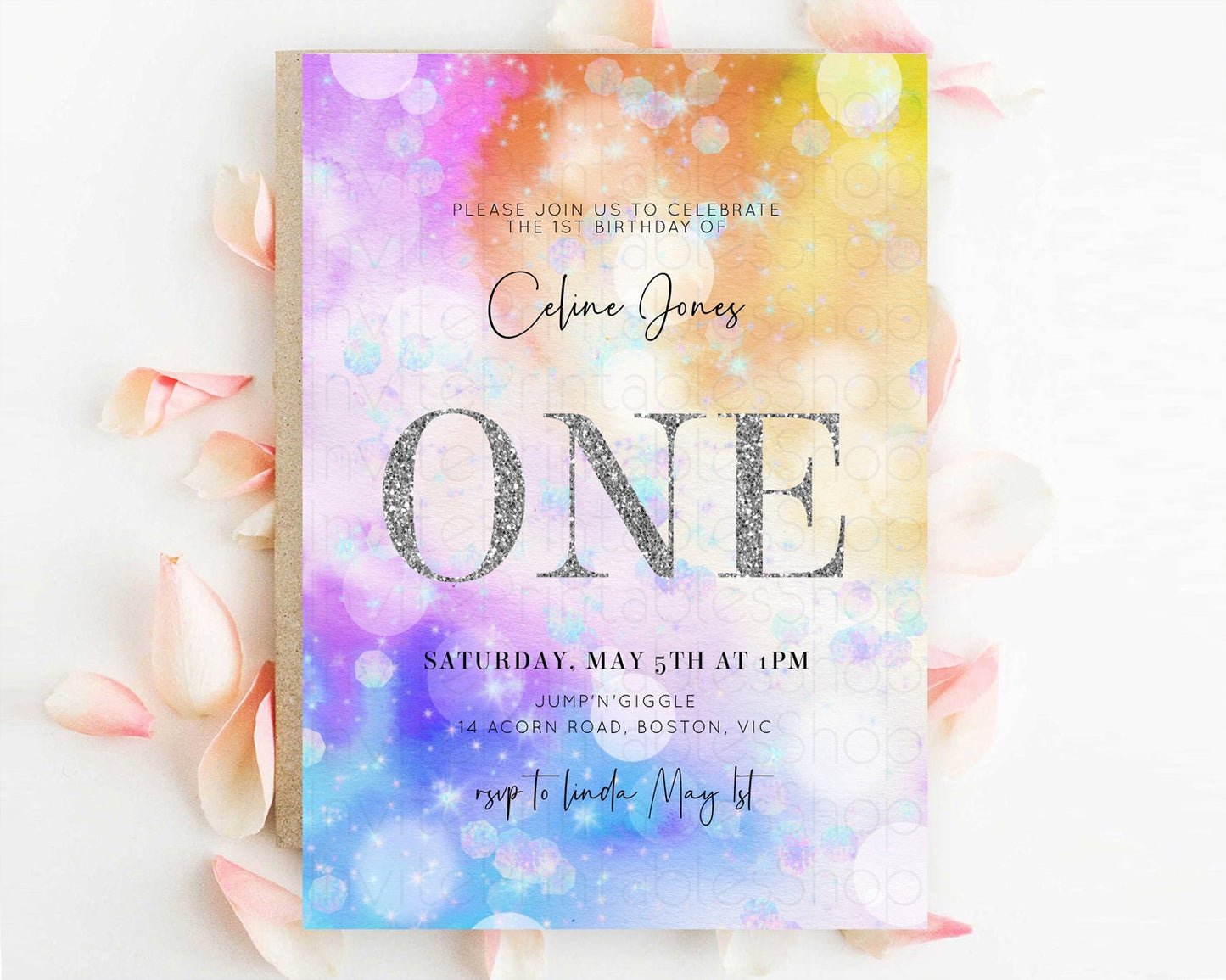 Rainbow Birthday Invitation Colorful Pastel Watercolor Silver Glitter Sprinkles Ombre Pastel Invitation 1st 2nd 3rd First Birthday D10690
