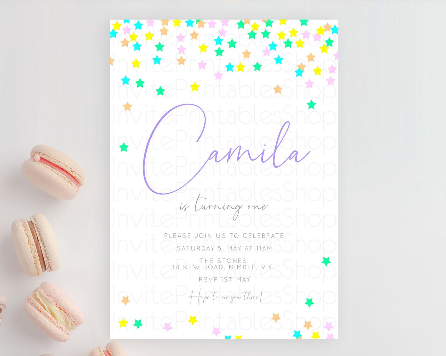 Star Birthday Invitation Pastel Stars Invite Shooting Star Party Rainbow Colorful Confetti Twinkle Little Star 2nd First Birthday D10394