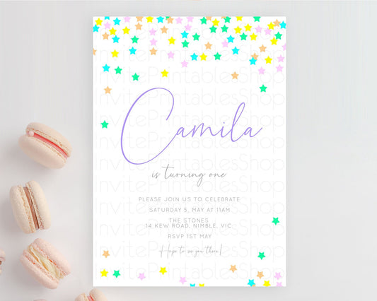 Star Birthday Invitation Pastel Stars Invite Shooting Star Party Rainbow Colorful Confetti Twinkle Little Star 2nd First Birthday D10394