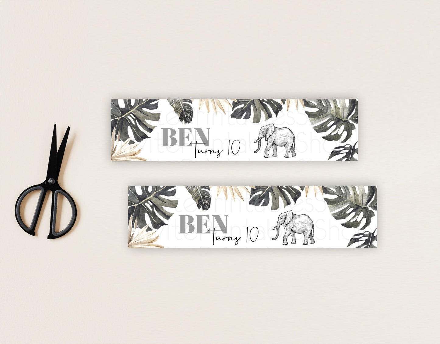 Elephant Water Label Template Elephant Safari Adventure Party Decor Dried Palm Fern Zoo Birthday Baptism Baby Shower Bridal Shower D10806