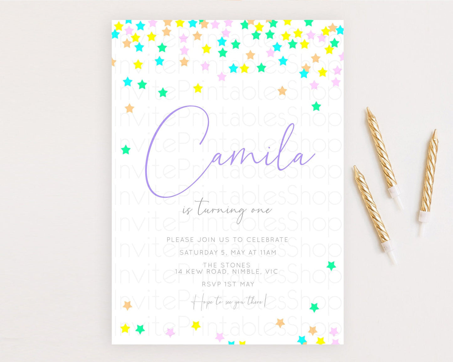 Star Birthday Invitation Pastel Stars Invite Shooting Star Party Rainbow Colorful Confetti Twinkle Little Star 2nd First Birthday D10394