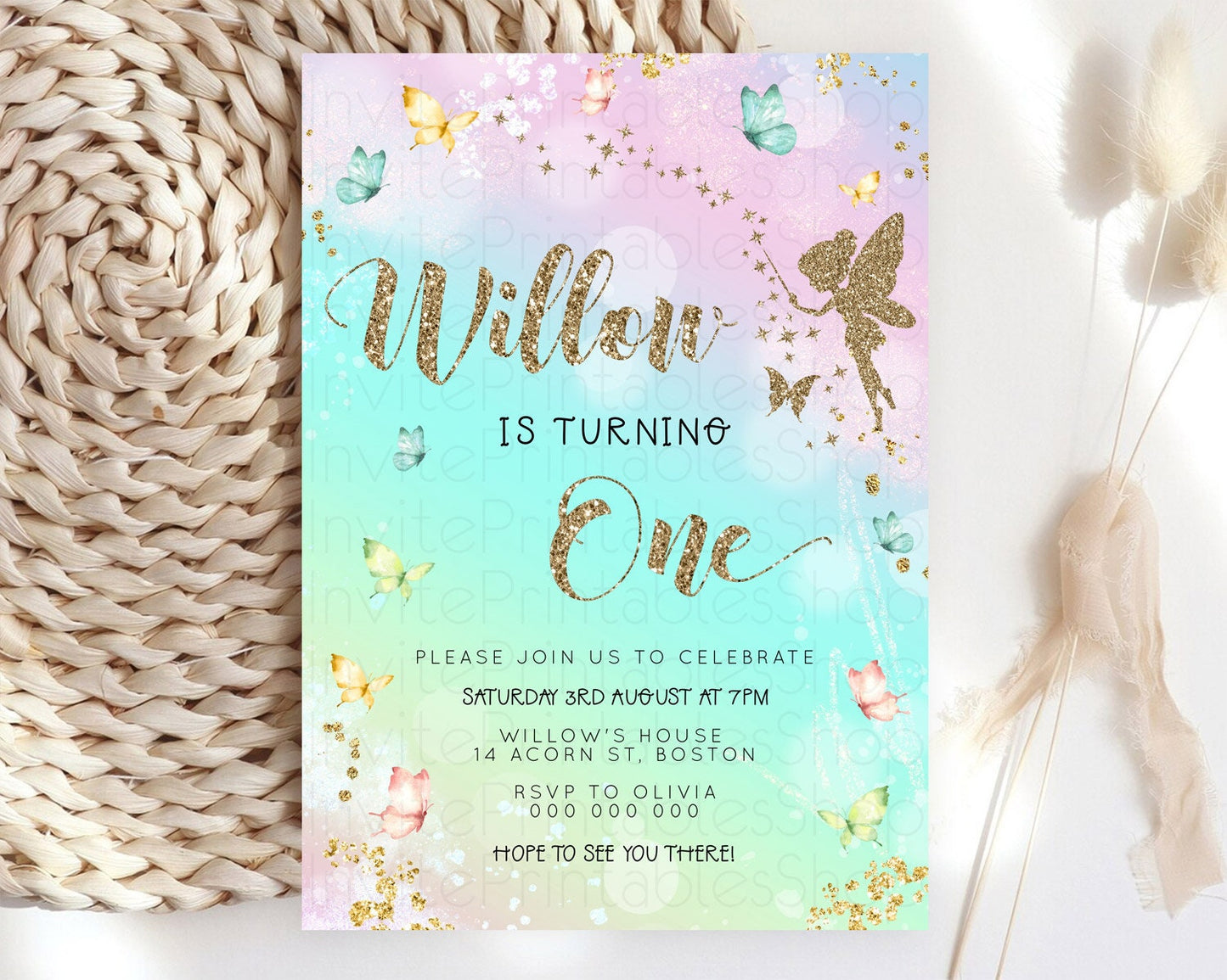 Pastel Fairy Birthday Invitation Pastel Butterflies Fairy Birthday Invitation Rainbow Ombre Watercolor 1st 2nd Birthday Invitation D23151